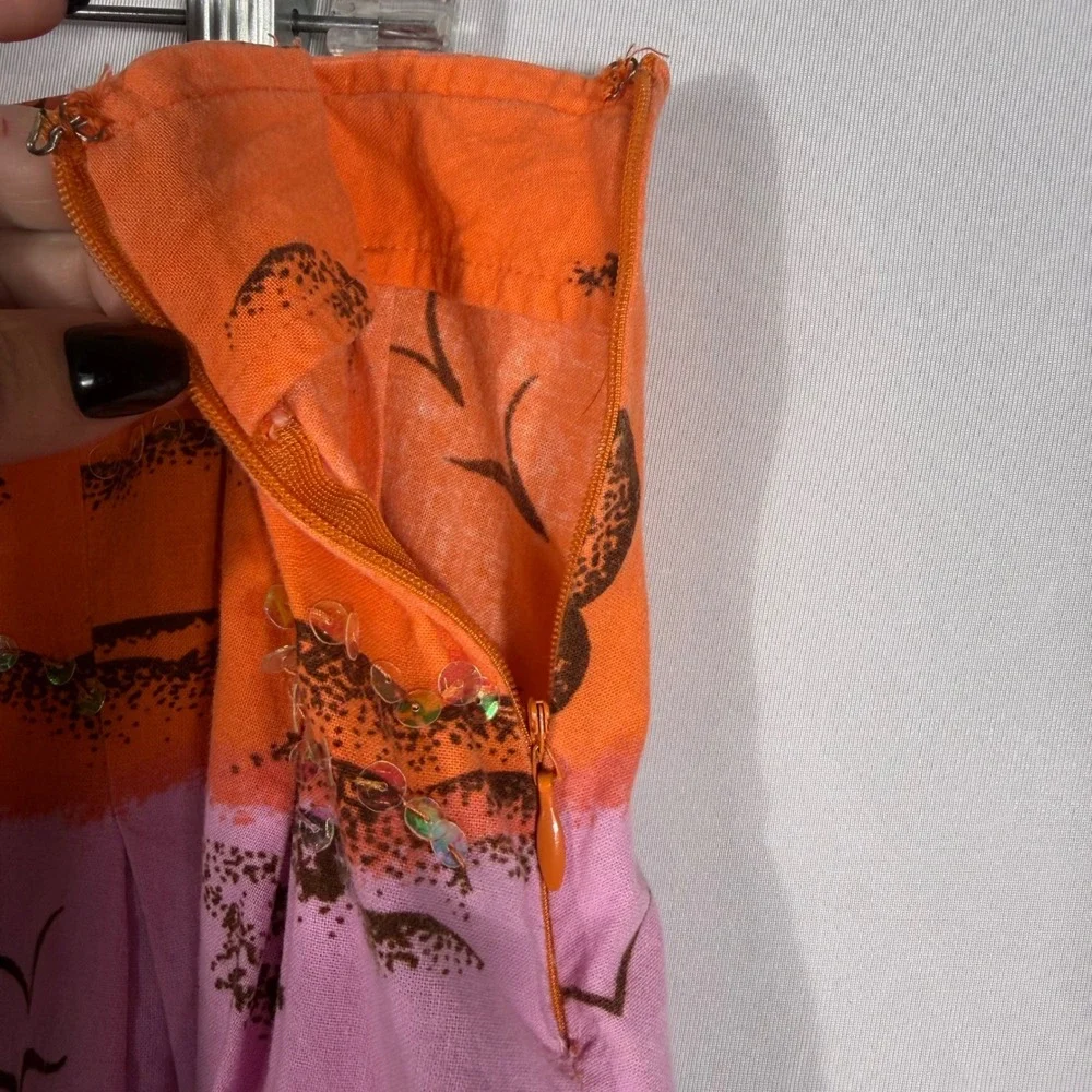 Vtg Y2K Bisou Bisou Michele Bohbot Sequin Landscape Print Skirt Pink 12 Tropical